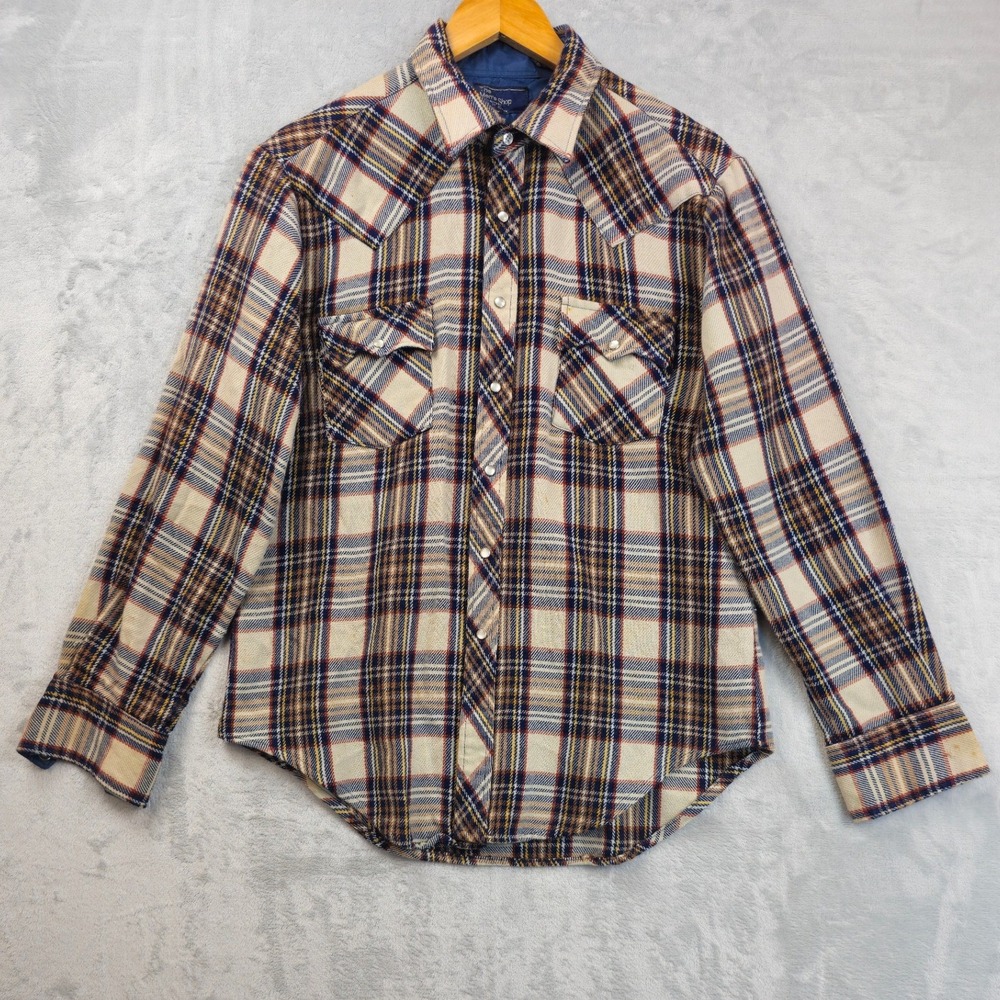 Vintage JCPenney Western Pearl Snap Plaid Shirt Flannel Blue Tan Large *Flawed*
